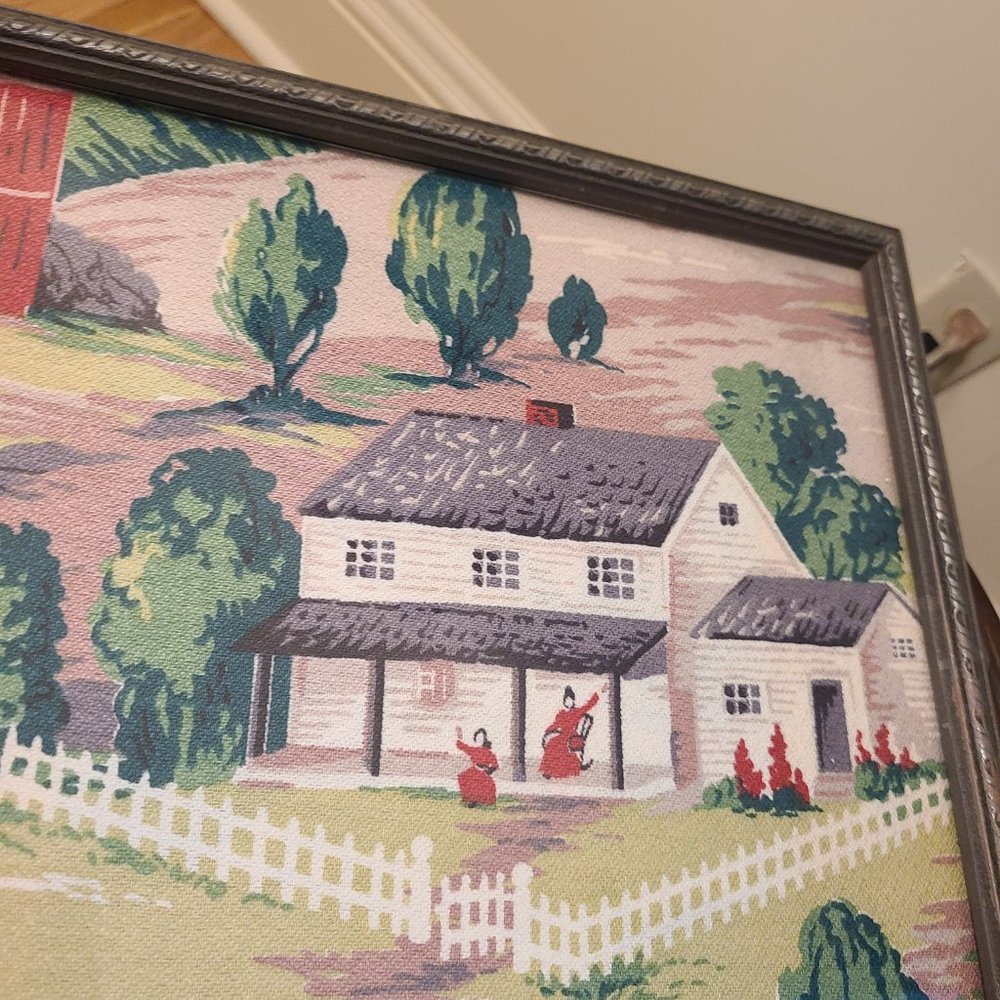 Vintage Framed Textile with Farm And Women - Picture 3 of 6